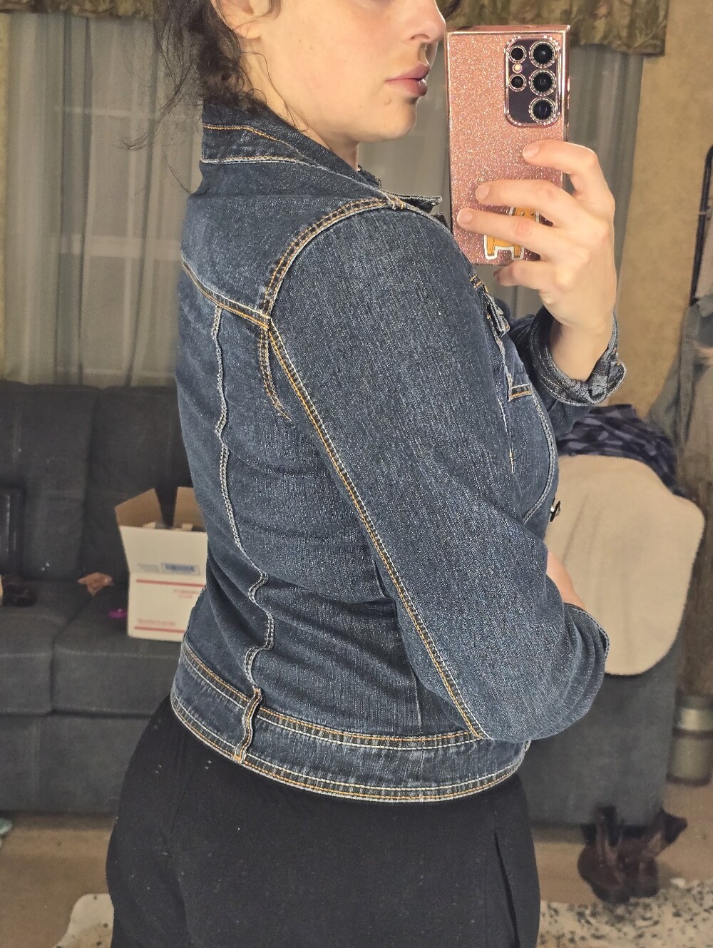dressbarn Dark Blue Denim Jacket with Gold Stitching - Picture 3 of 9